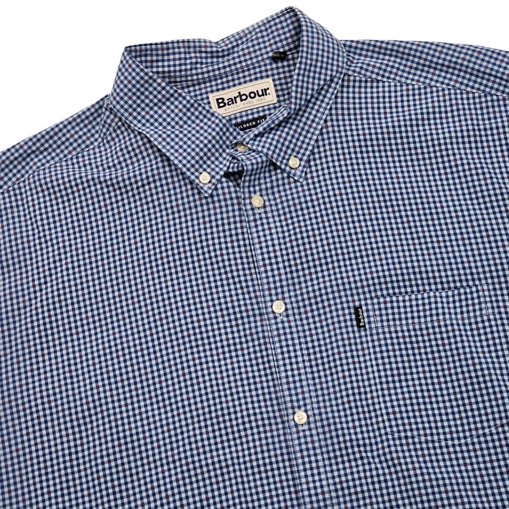 Barbour Hector Button Down Shirt Mens XL Blue White Gingham Tailored Fit Preppy